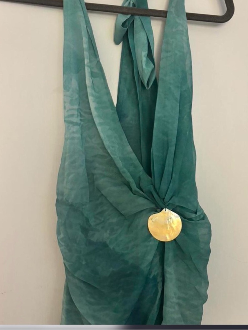 Teal Halter Dress with Gold Accent from Peppermayo